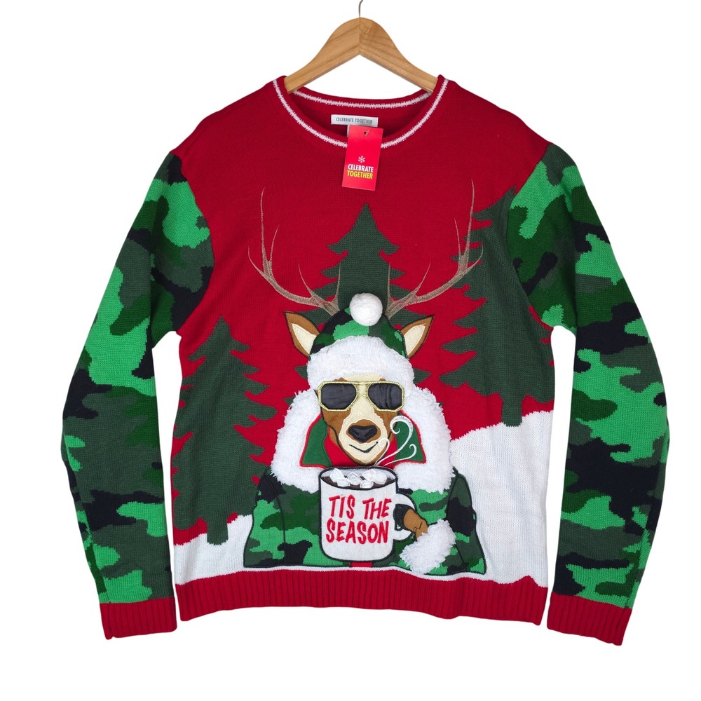 Celebrate Together Ugly Christmas Sweater Mens L Red Green Camo Reindeer New